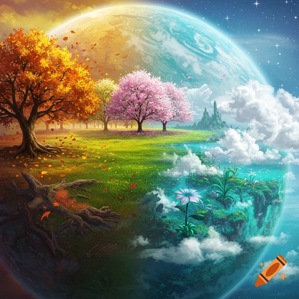 A vibrant planet divided into sections representing autumn, spring, and an exotic aquatic ecosystem with fluffy clouds and a starry sky.