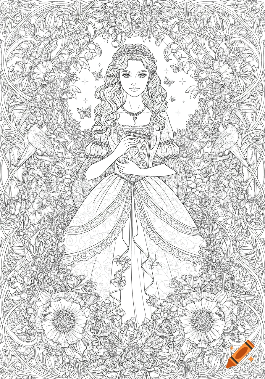 A detailed black and white coloring page illustration of a woman in an ornate dress, holding a book, surrounded by intricate floral designs, butterflies, and birds.