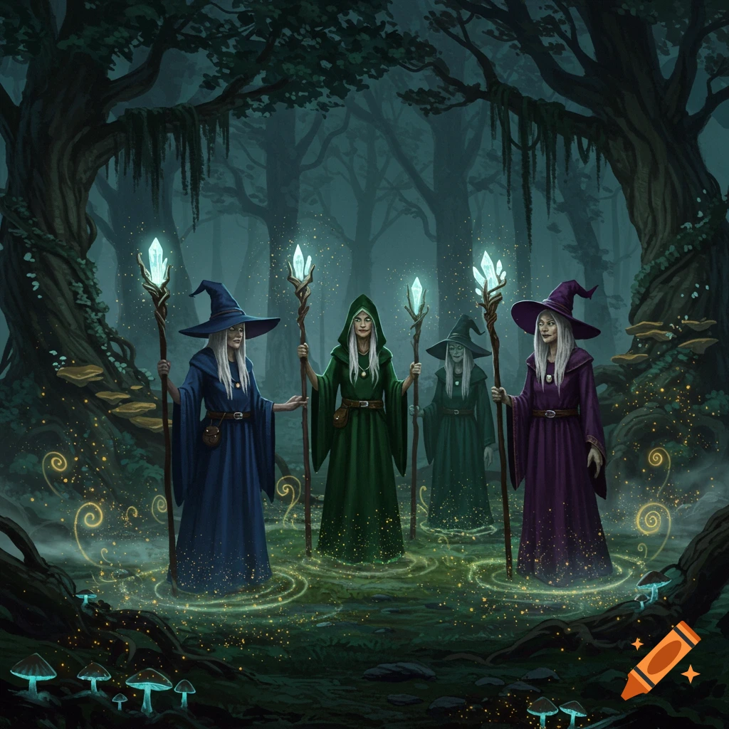 Four witches with glowing crystal staffs in a mystical, dark forest with luminous mushrooms and swirling magic.