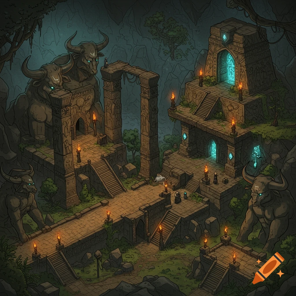 An isometric map of a minotaur temple nestled in a jungle cave, featuring large stone statues, glowing blue magical elements, and torch-lit pathways.