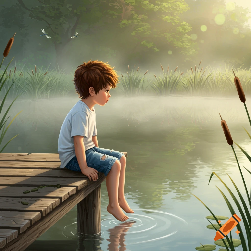 An illustrated boy sits on a wooden dock with his bare feet dangling into a misty lake, surrounded by reeds and trees in soft light.
