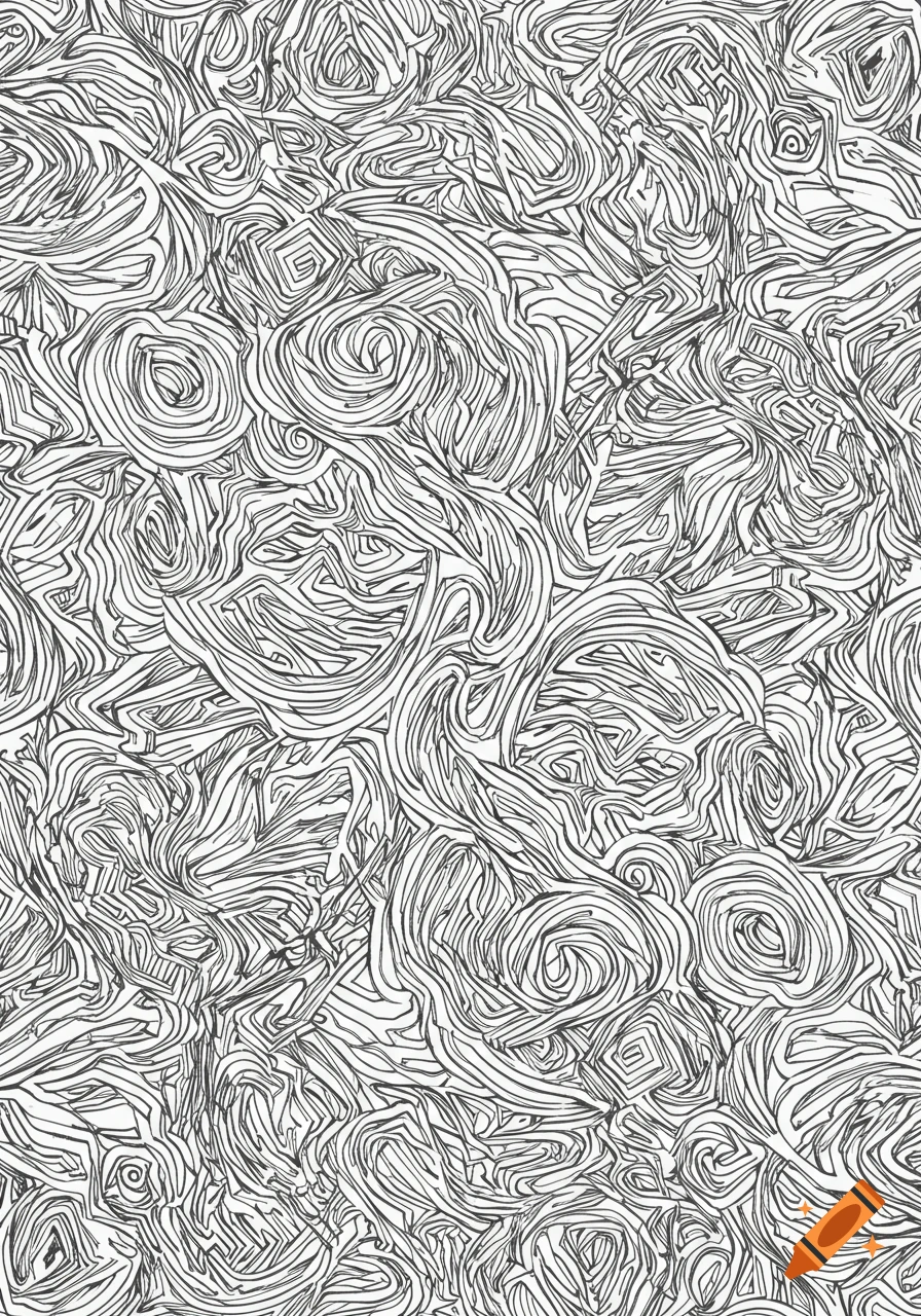 A seamless black and white abstract pattern composed of swirling and chaotic lines, resembling a coloring book page.