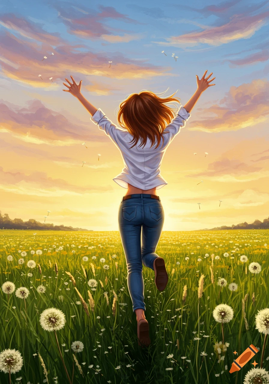 An illustrative image of a woman running through a field of dandelions with her arms outstretched towards the sunset.