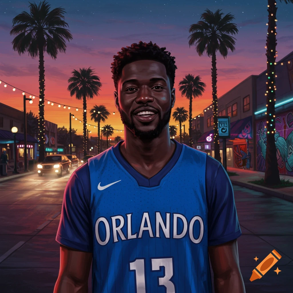A smiling Black man in a blue Orlando basketball jersey with number 13 stands on a city street at sunset, palm trees behind him, in a stylized illustration.
