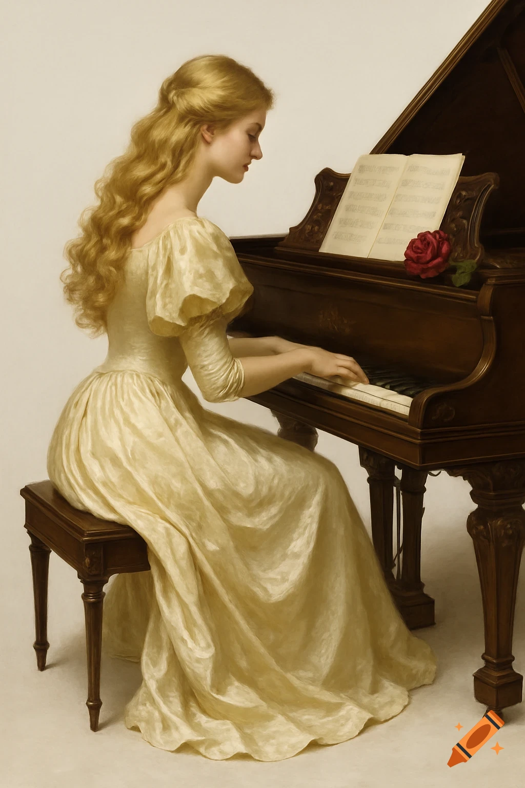 A blonde woman in a cream dress plays a classical brown grand piano with sheet music and a red rose, photorealistic style.