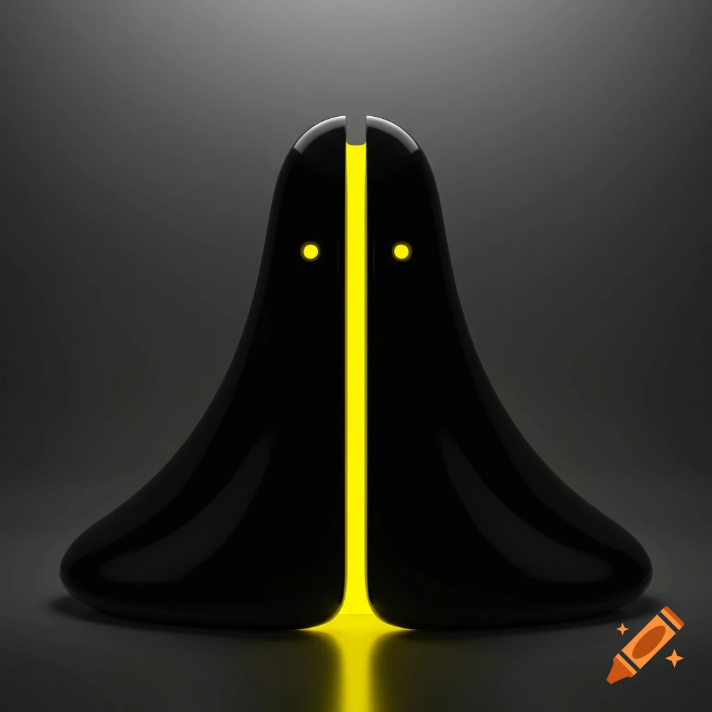 A glossy black abstract figure with a glowing yellow vertical slit and two yellow eyes against a dark background.