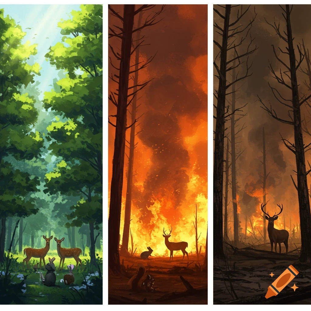 Three panels show a forest: green with animals, burning during a wildfire, and charred with a solitary deer after the fire.
