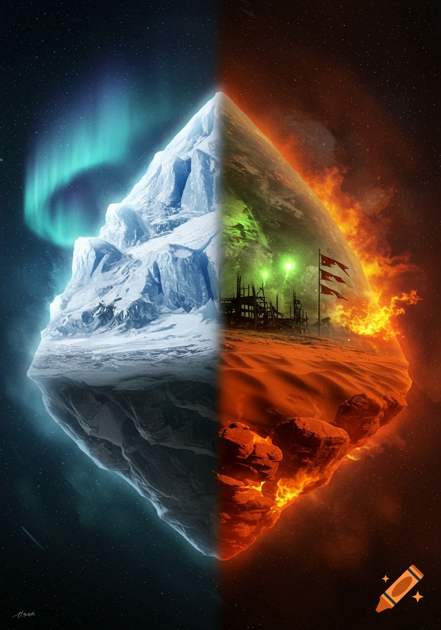 A surreal planet split in half, with one side a frozen ice mountain under an aurora and the other a fiery desert with ruined structures.