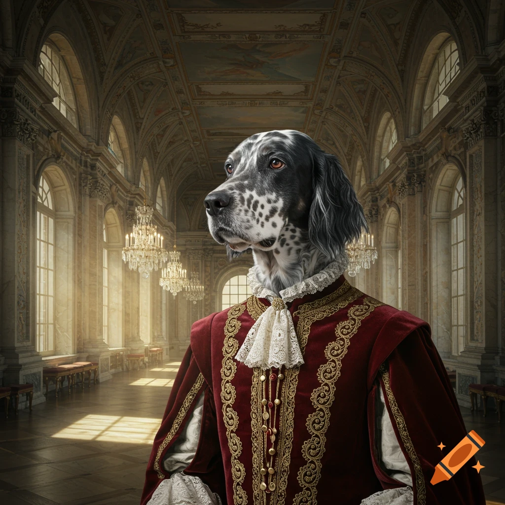 A photorealistic portrait of a black and white spotted dog wearing a red and gold renaissance suit in a grand palace hall.