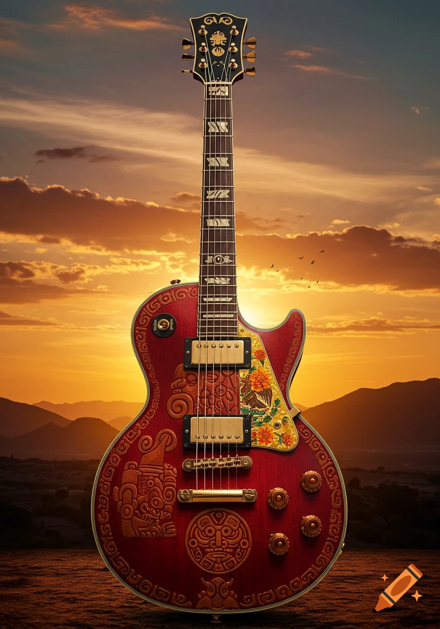 A red electric guitar with intricate Mexican-inspired carvings and a floral pickguard stands against a vibrant sunset sky with mountains.