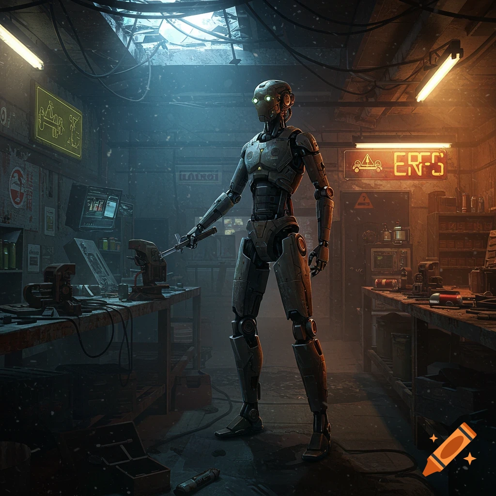 A robot stands in a dark, snowy, abandoned underground maintenance workshop, holding a tool. Photorealistic style.