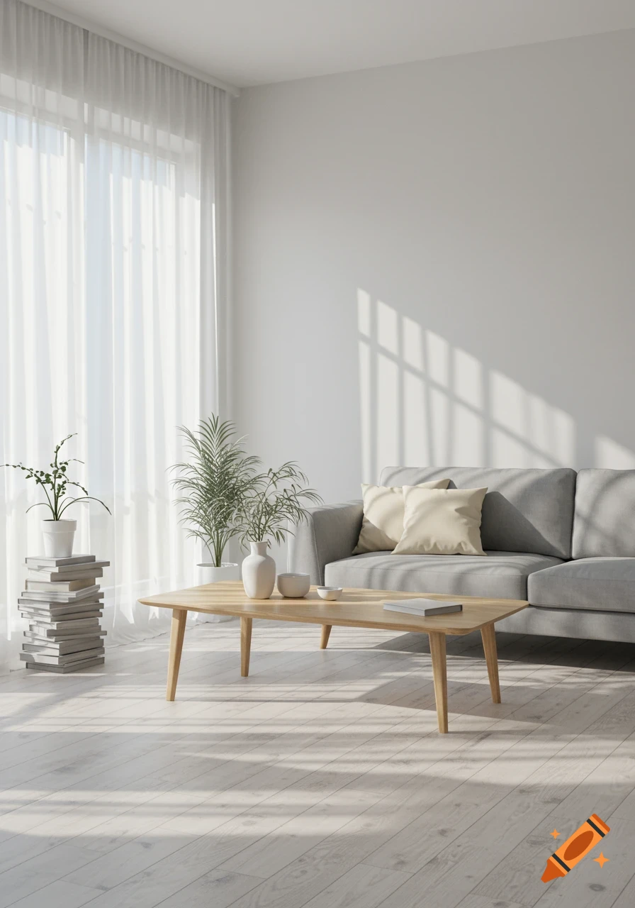 A bright and minimalist living room with a light gray couch, wooden coffee table, and various plants, illuminated by sunlight streaming through sheer white curtains.