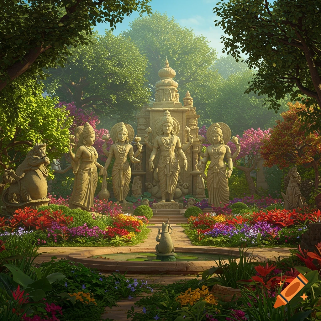 A lush, serene garden with ancient-looking stone statues of deities, surrounded by vibrant flowers, green trees, and a small pond.