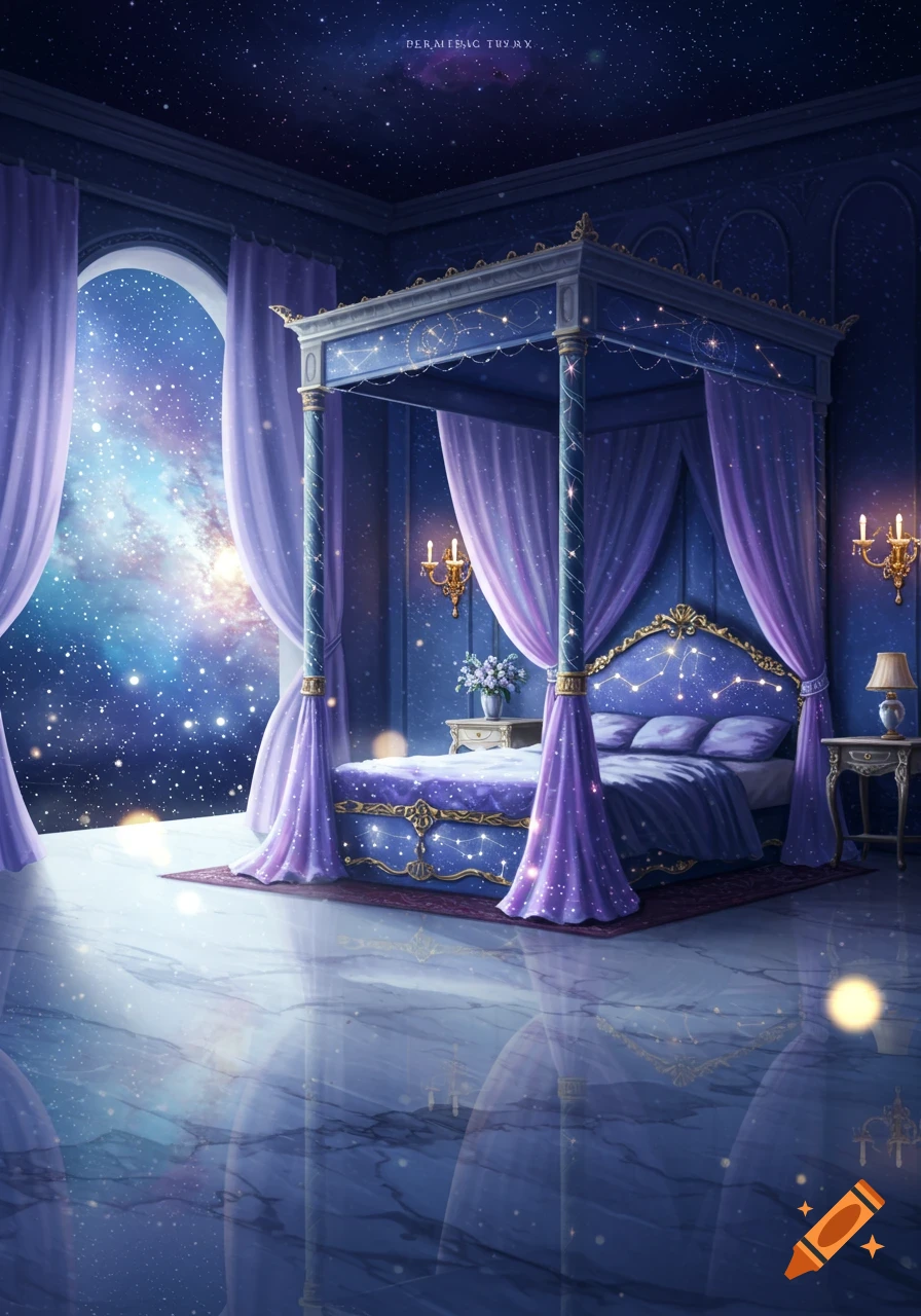 A lavish bedroom with blue and purple celestial theme, featuring a four-poster bed, starry curtains, and a large window looking out into a galaxy.