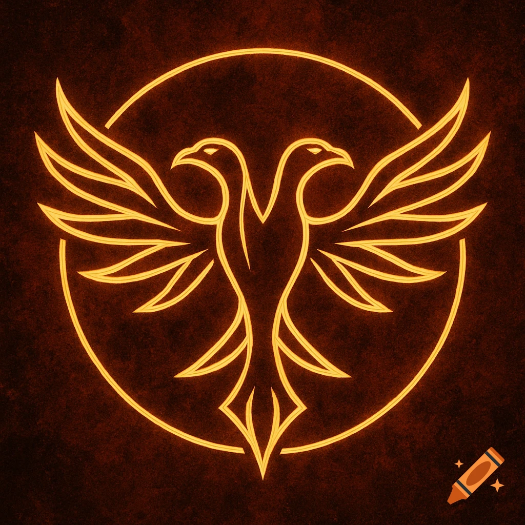 A symmetrical golden neon outline of a double-headed eagle inside a circle on a dark, textured background.