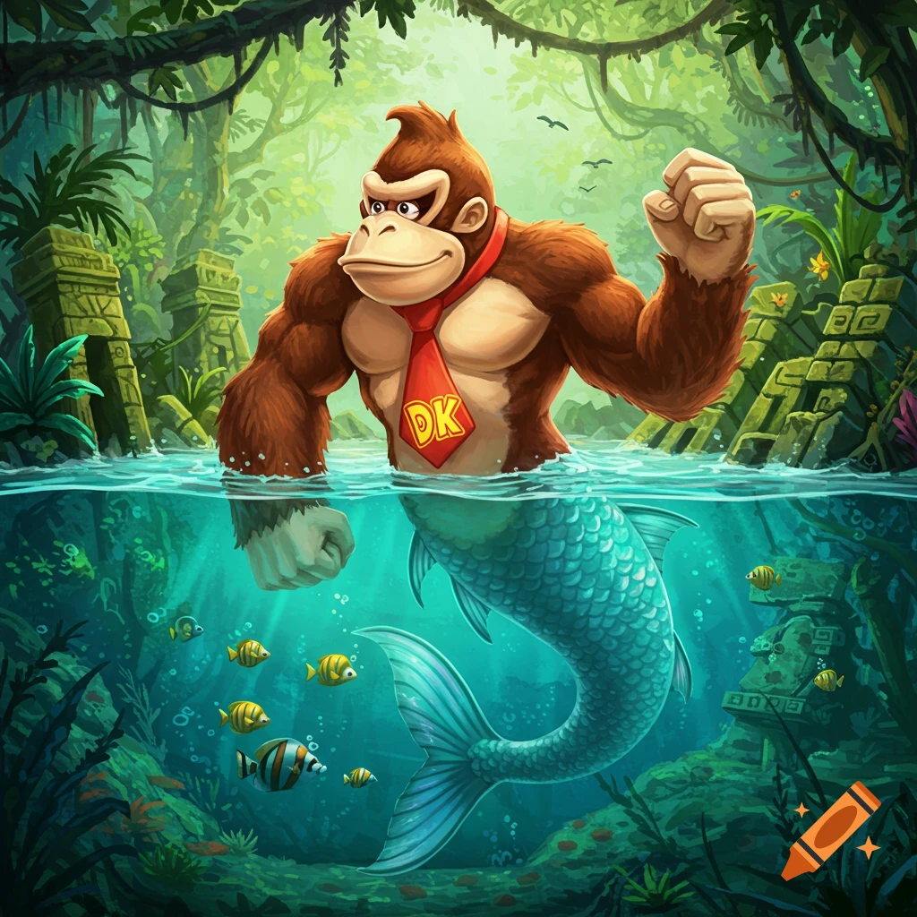 Donkey Kong as a merman, with a muscular ape upper body and a blue-green fish tail, stands in a lush jungle river with ancient ruins in the background and fish swimming underwater.