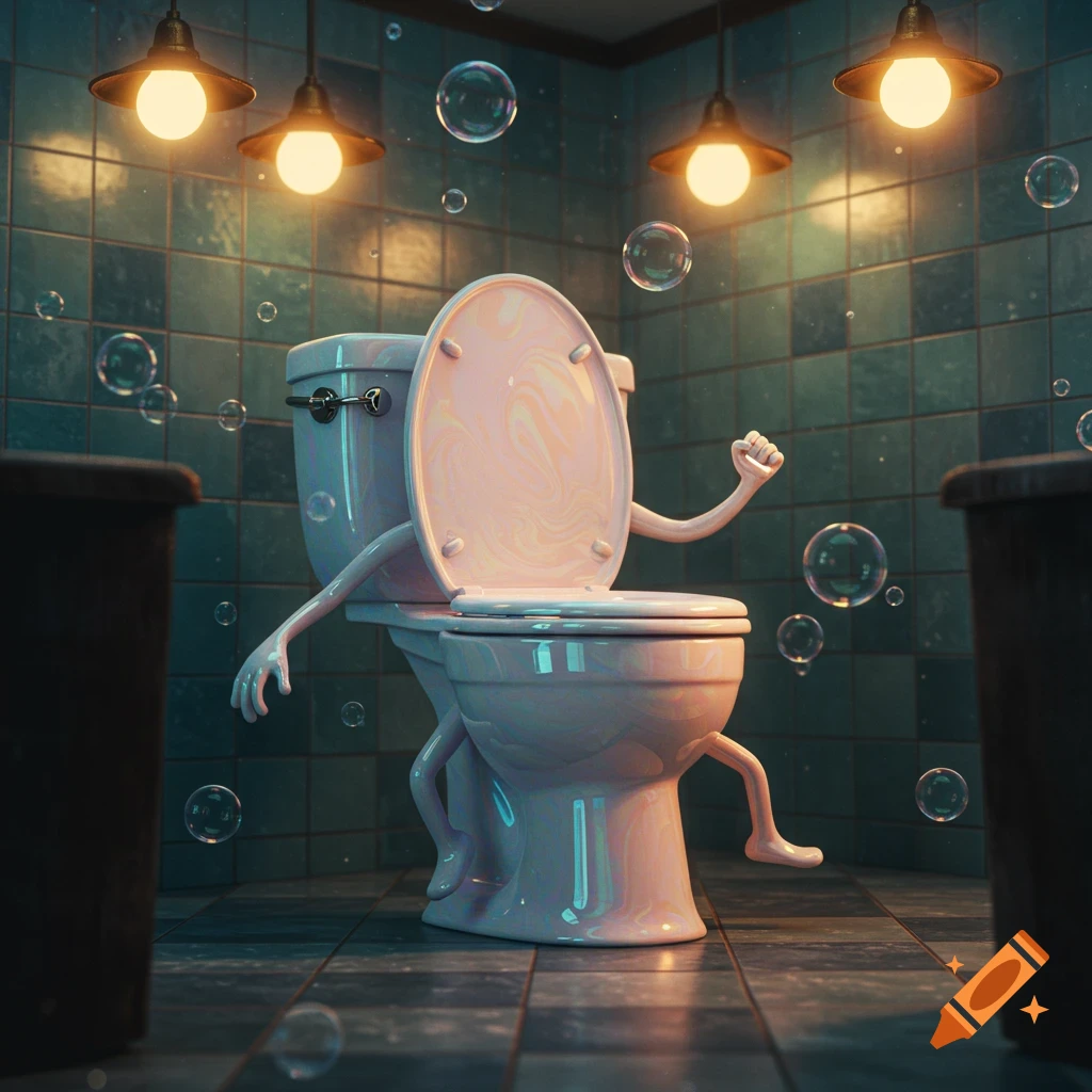 A cartoonish toilet with arms and legs, standing in a tiled bathroom with glowing pendant lights and bubbles floating around.