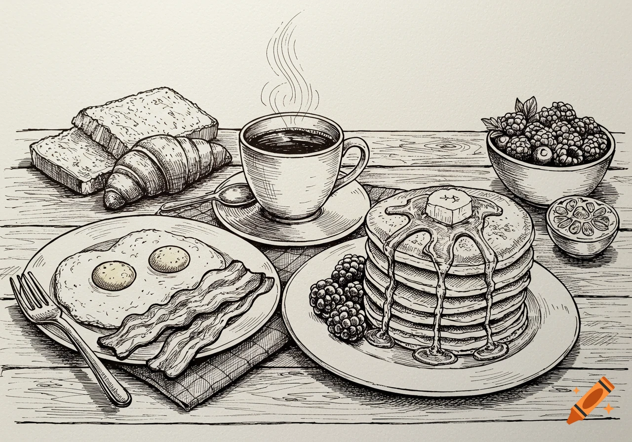 A hand-drawn black and white ink sketch of a breakfast spread with pancakes, eggs, bacon, toast, a croissant, coffee, and berries.