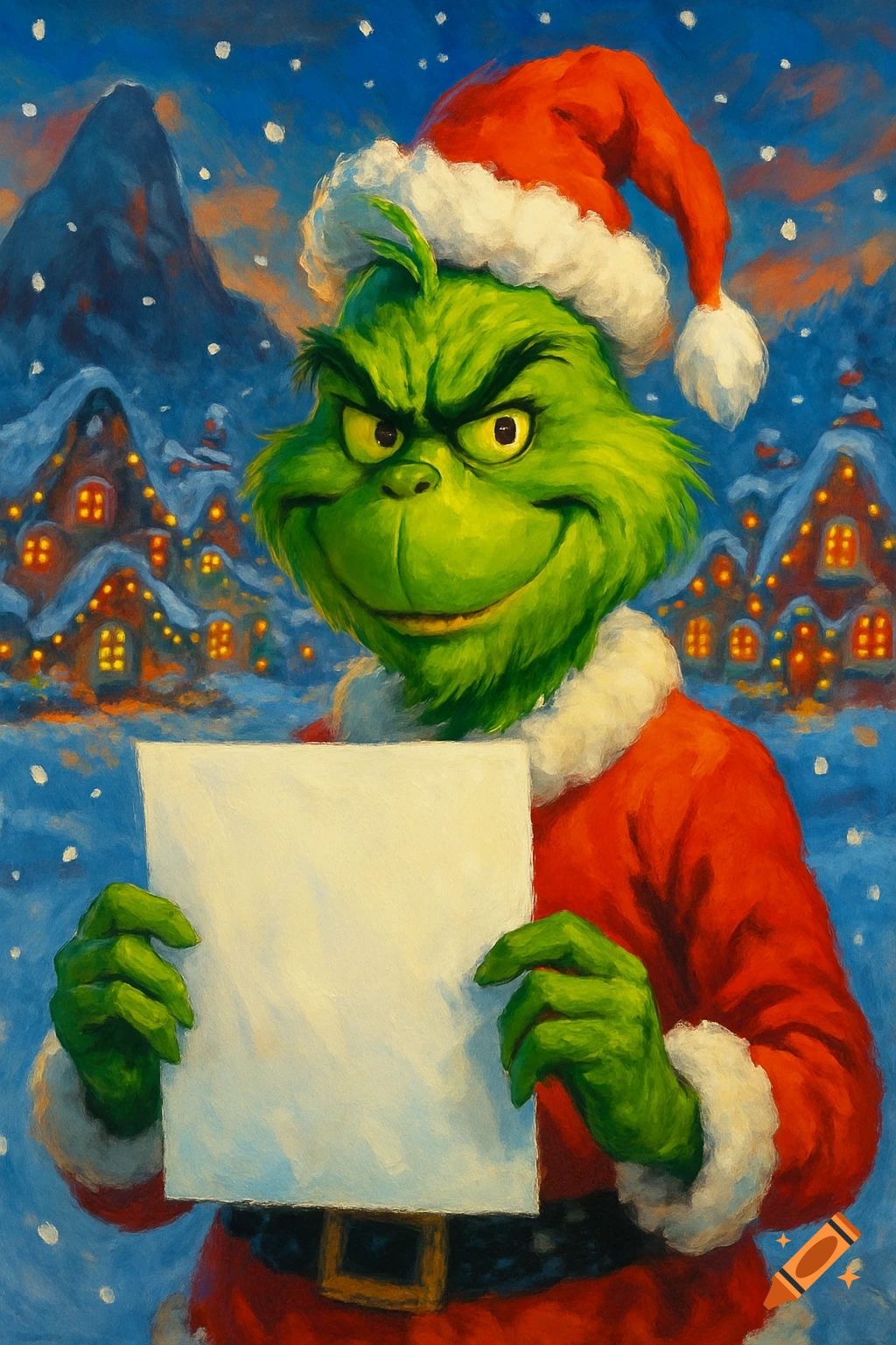 A painting of the Grinch in a Santa suit holding a blank white paper, standing in a snowy village scene.