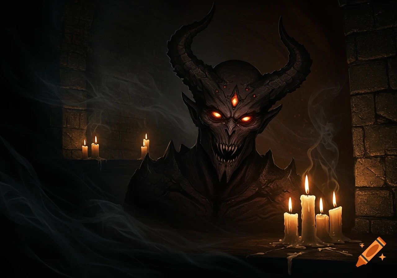 A creepy demon with glowing red eyes and large horns emerges from shadows, surrounded by lit candles in a dark, ancient chamber.