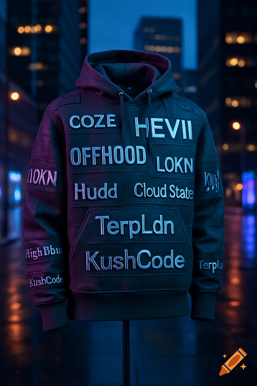 A dark hoodie with various brand names in silver lettering, displayed against a blurred city night background.