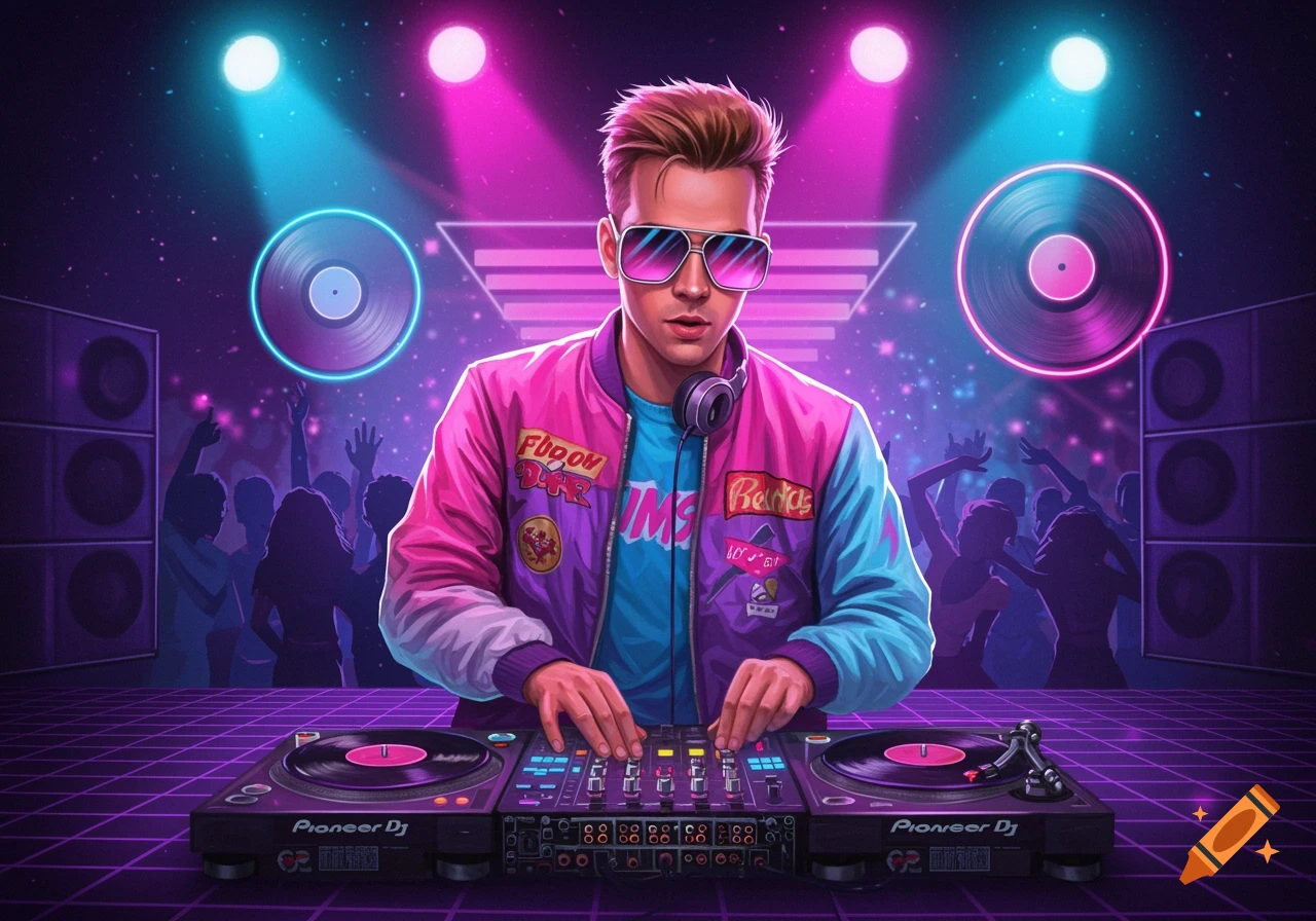 A male DJ in a neon pink and blue jacket and sunglasses plays on turntables at a synthwave party under vibrant neon lights.