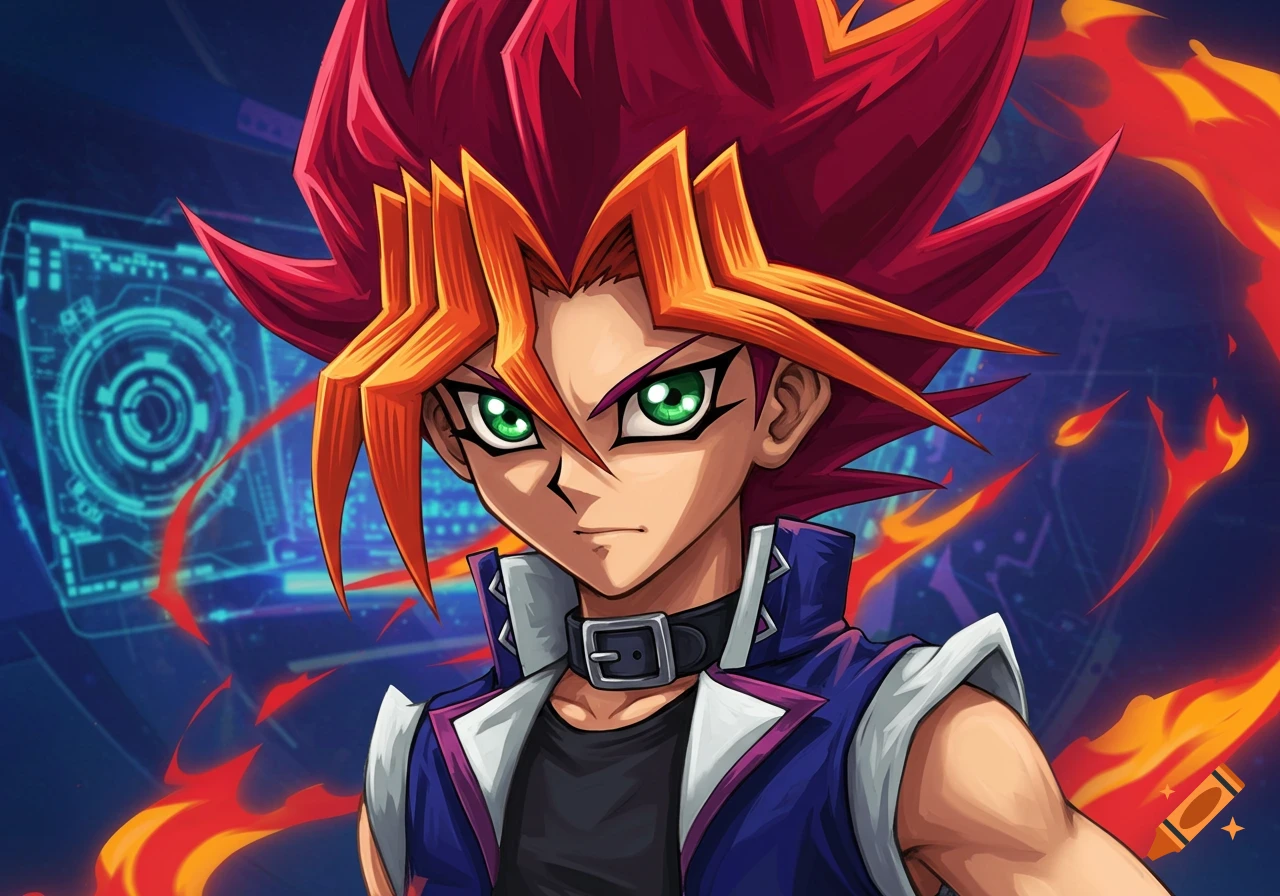 An anime character with spiky red hair, orange tips, and green eyes, wearing a dark blue and white vest, against a fiery and tech-themed background.