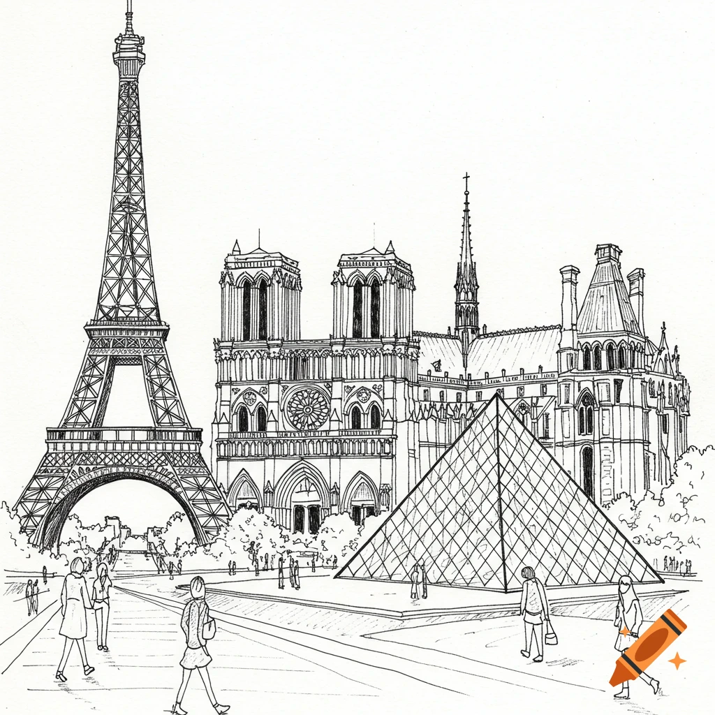 Black and white line drawing of the Eiffel Tower, Notre Dame Cathedral, and Louvre Pyramid in Paris with people walking nearby.