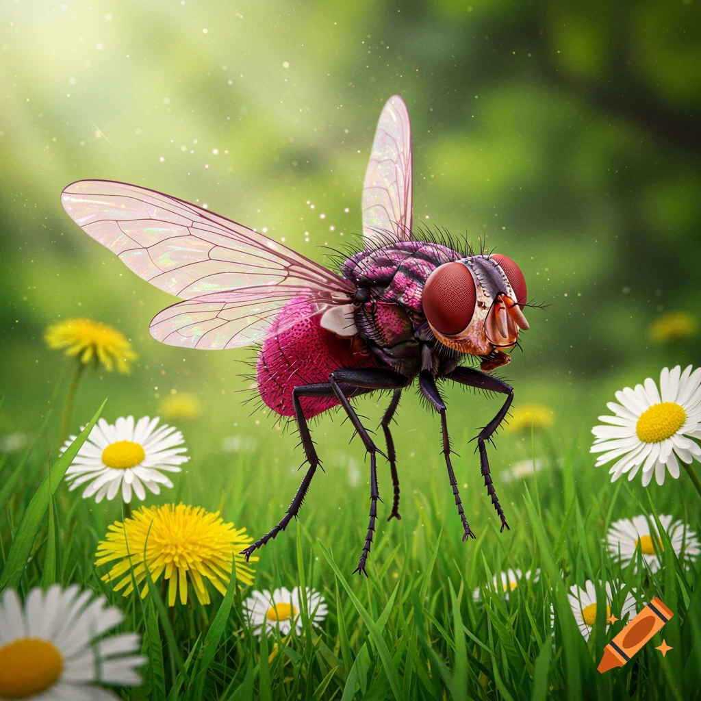 A vibrant hot pink house fly with delicate fairy wings and long eyelashes stands in a sunlit green field filled with white daisies and yellow dandelions.