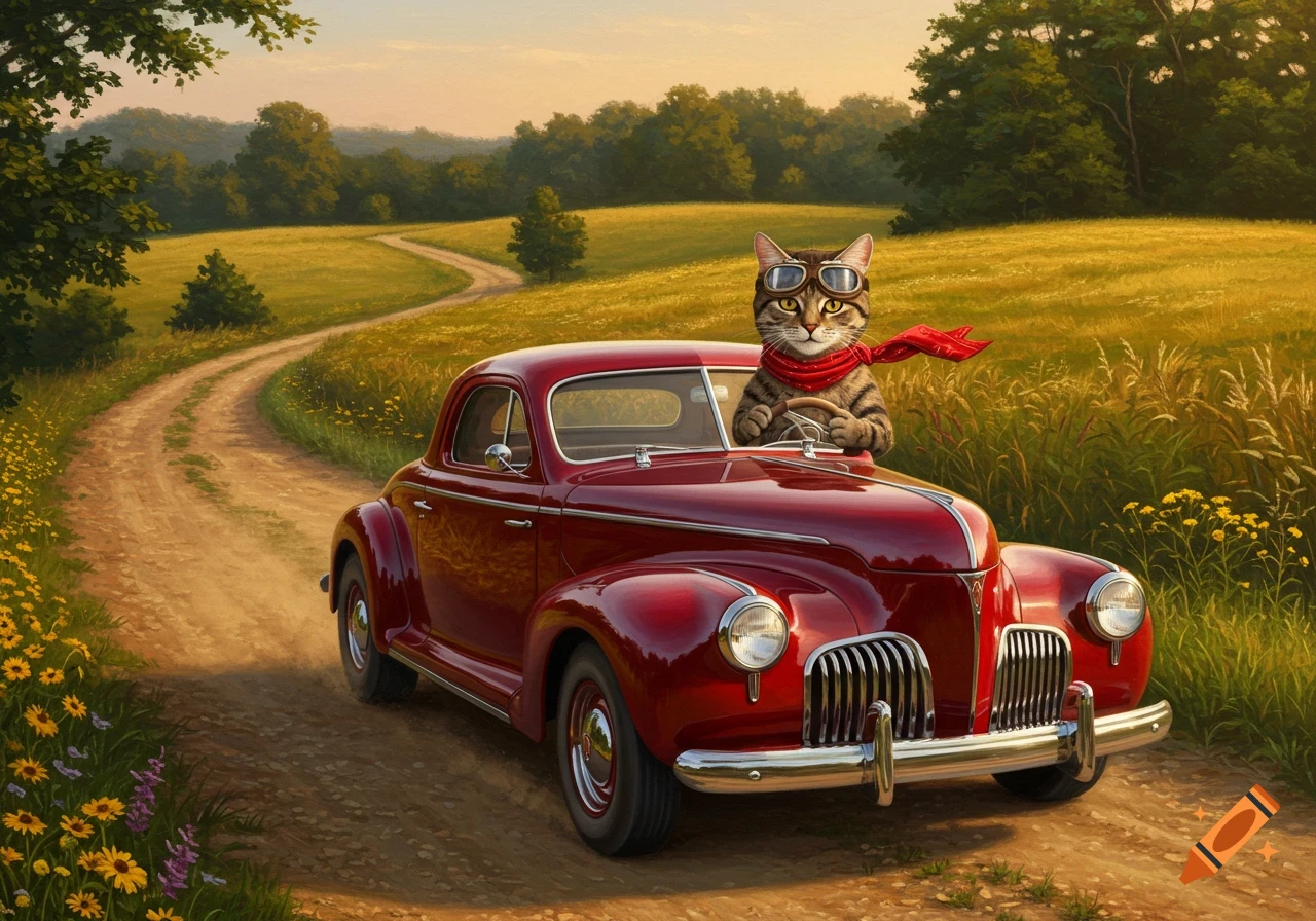 A tabby cat wearing aviator goggles and a red scarf drives a vintage red car on a dirt road through a sunny, green countryside.