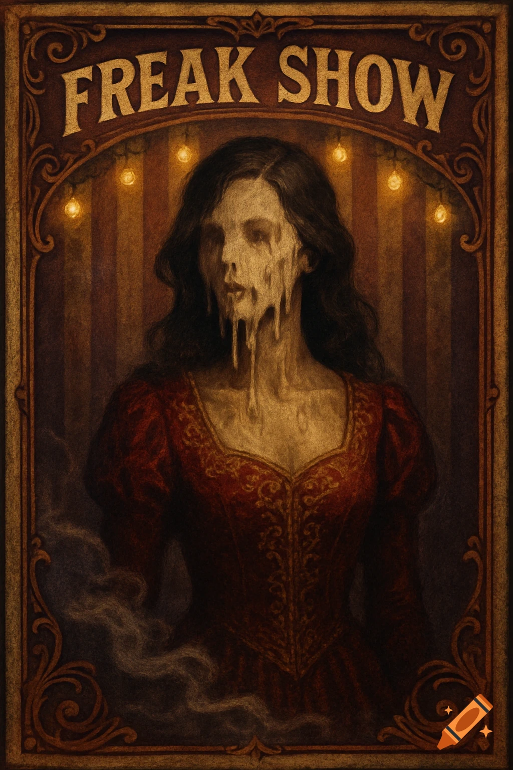 A dark art poster of a woman with long dark hair and a red dress, her face melting. Text reads 'FREAK SHOW'.