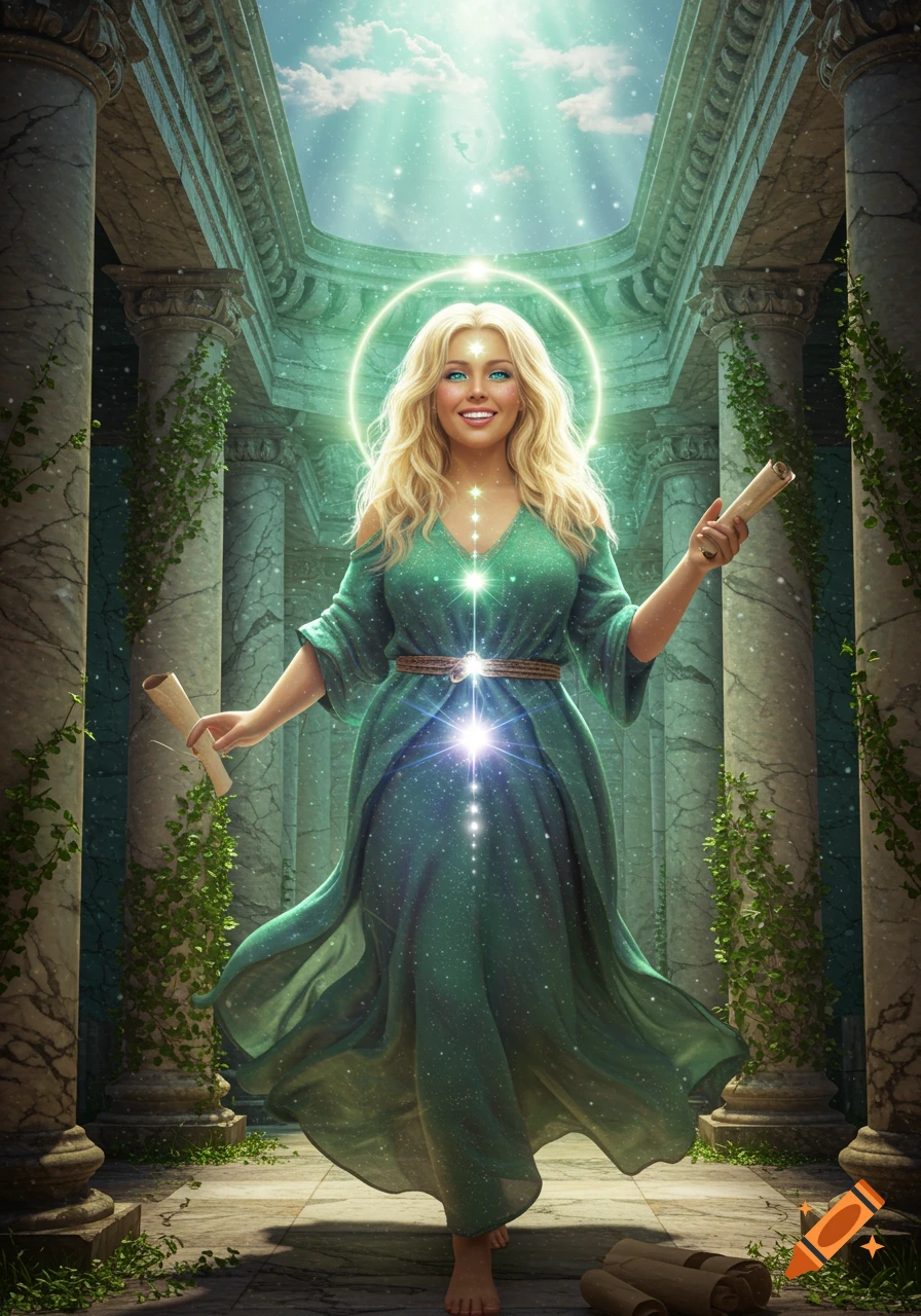A smiling blonde woman in a green dress, glowing with spiritual energy, stands in an ancient, sunlit temple holding scrolls.