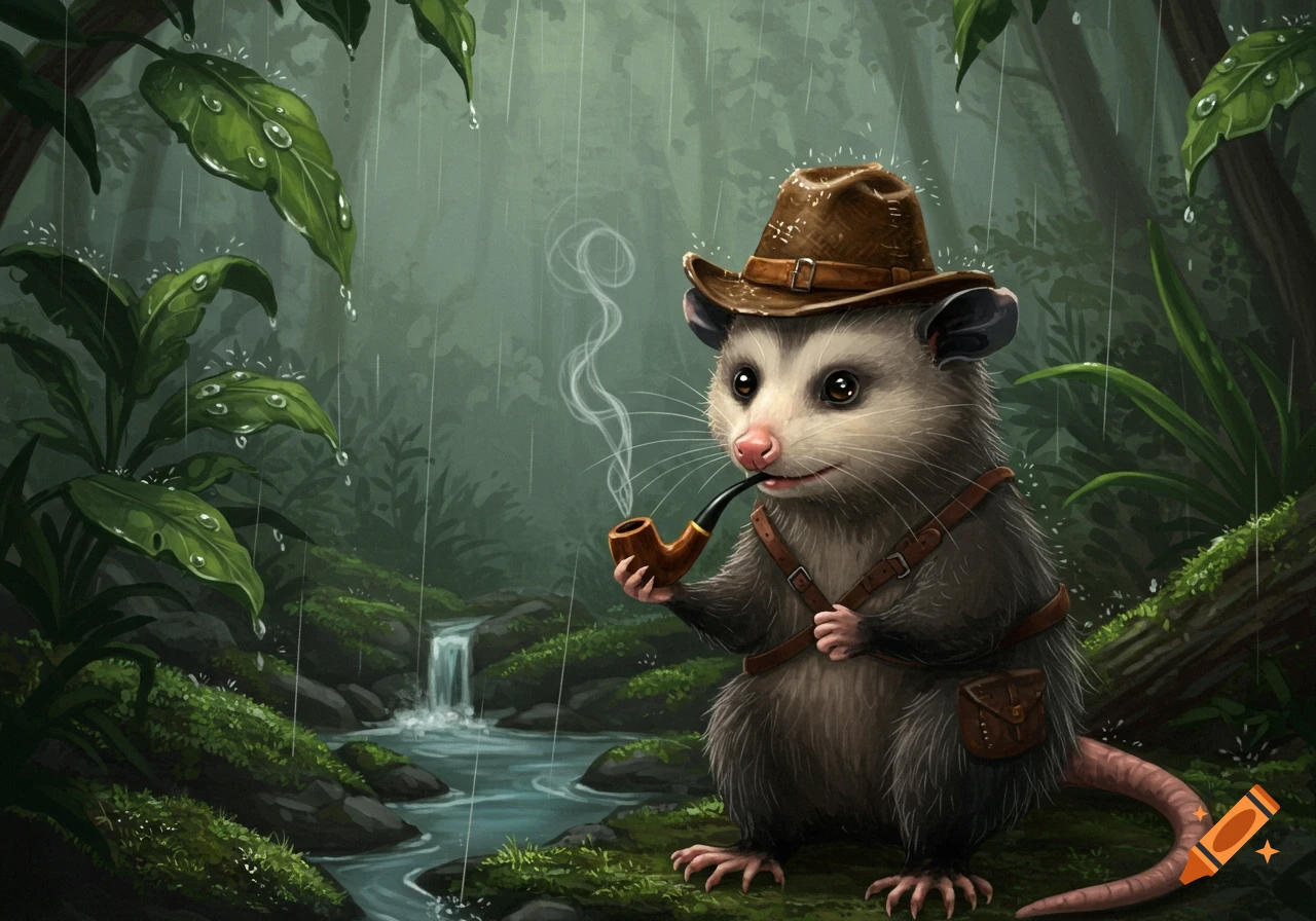 A digital illustration depicts an anthropomorphic possum wearing a brown hat and smoking a pipe, standing in a rainy green forest with a small waterfall.