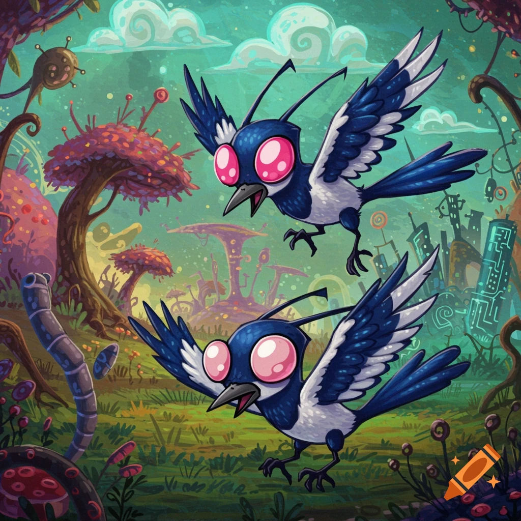 Two cartoon magpie-like birds with big pink eyes fly over a vibrant, whimsical alien landscape with strange trees.