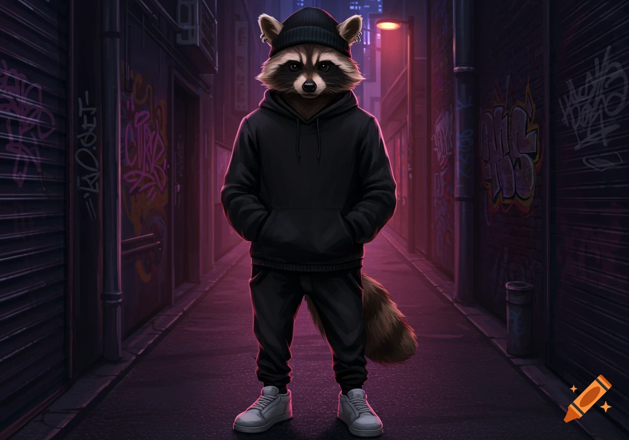 An anthropomorphic raccoon in a black hoodie, black beanie, and white sneakers stands in a graffiti-covered urban alleyway at night.