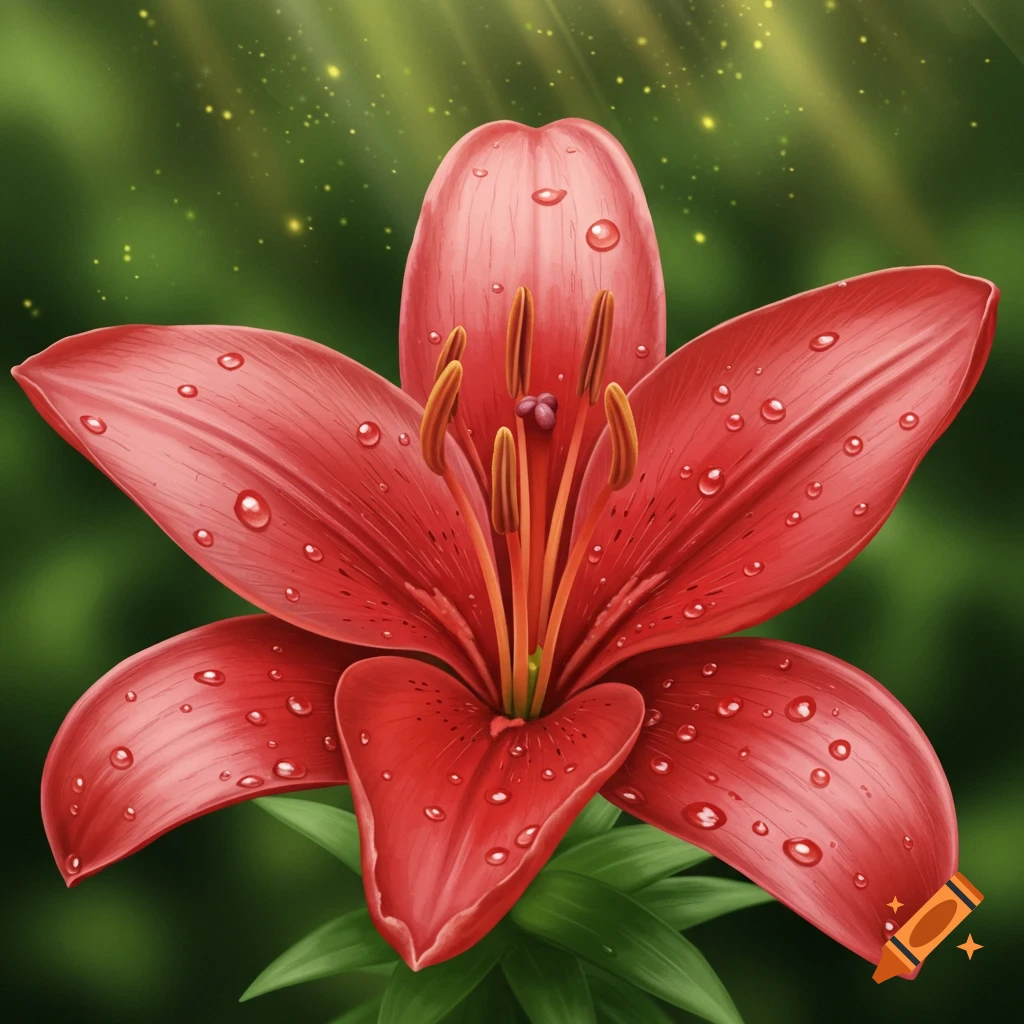 A vibrant red lily with water droplets on its petals, set against a soft green background with light rays.