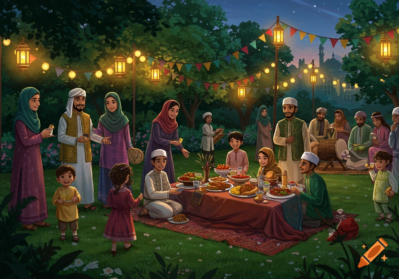 Illustrated scene of a diverse group celebrating Eid outdoors at night, with festive lanterns, food, and smiling faces.