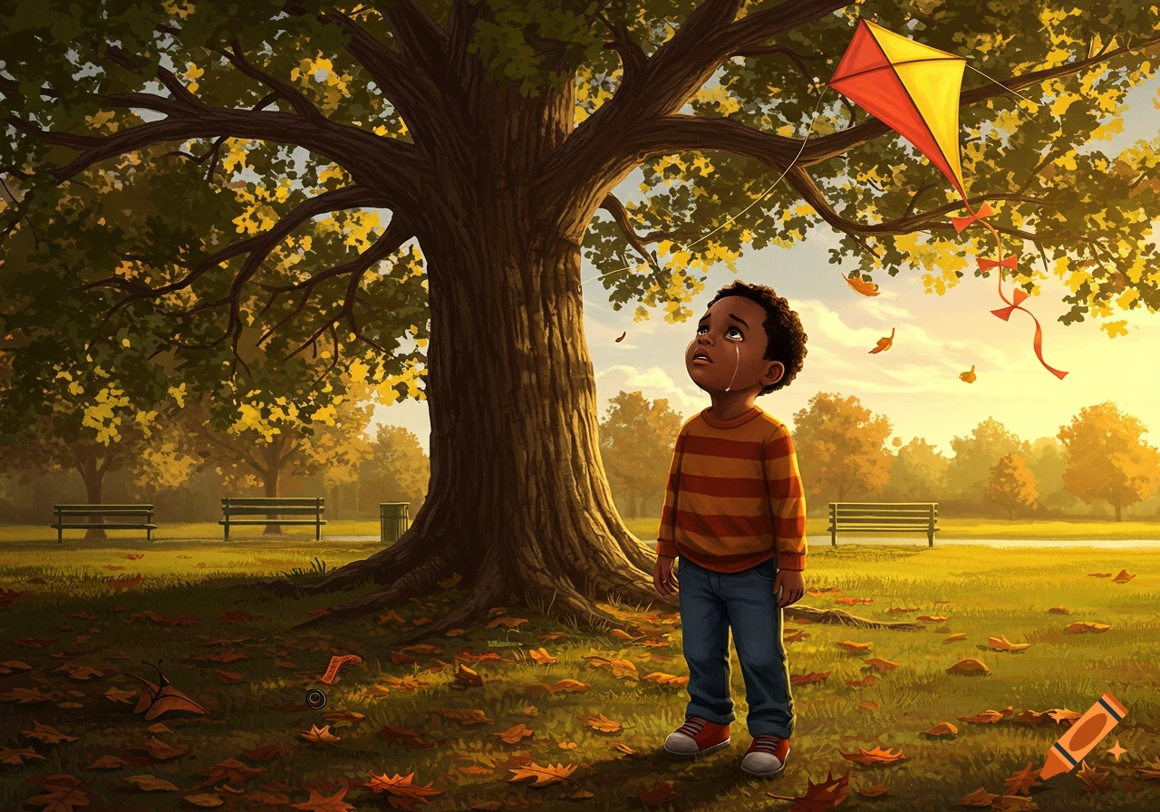 A young black boy cries as he looks up at his red and yellow kite stuck high in a large autumn tree in a park.