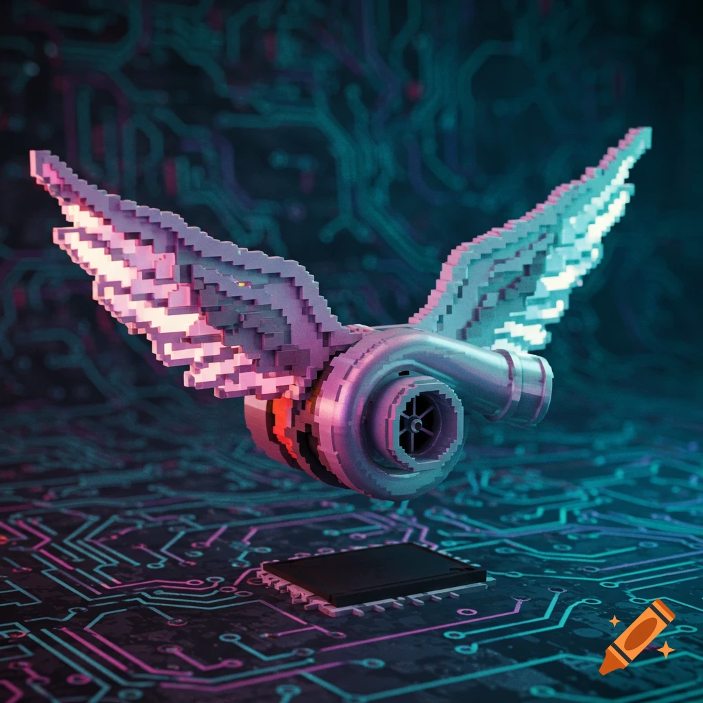 A pixelated 8-bit turbocharger with wings floats above a glowing circuit board and microchip.