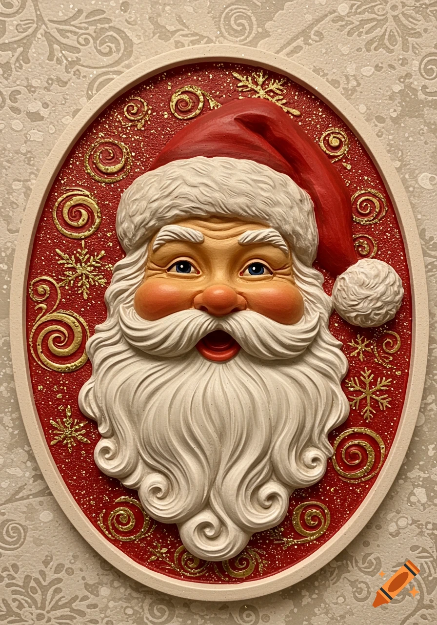 Bas-relief portrait of Santa Claus's head with a red hat, white beard, and gold swirls on a red oval background.
