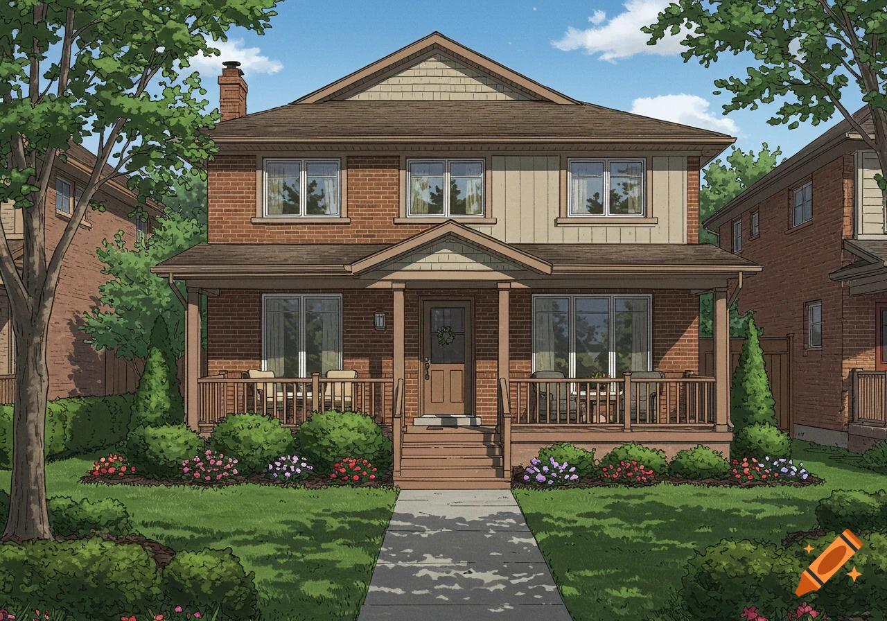 A two-story brick house with a front porch and a sidewalk, surrounded by green trees, shrubs, and flowers, in a detailed drawing style.
