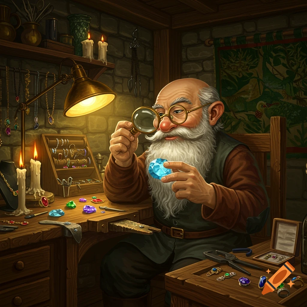 A bald gnome jeweler with a long white beard examines a large blue gem through a magnifying glass in his rustic workshop, surrounded by jewelry and tools.
