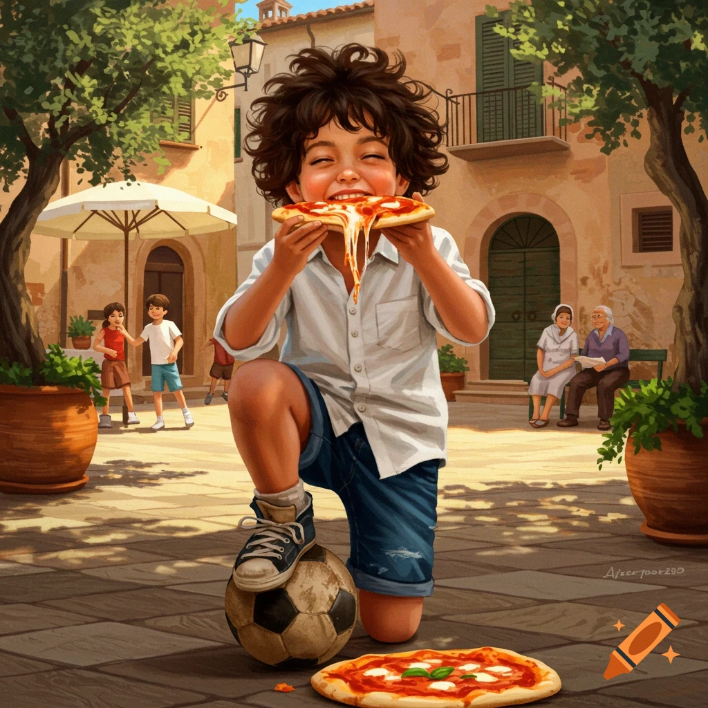 A cheerful Italian boy with curly hair kneels on a soccer ball, eating a cheesy slice of pizza in a sunny town square.