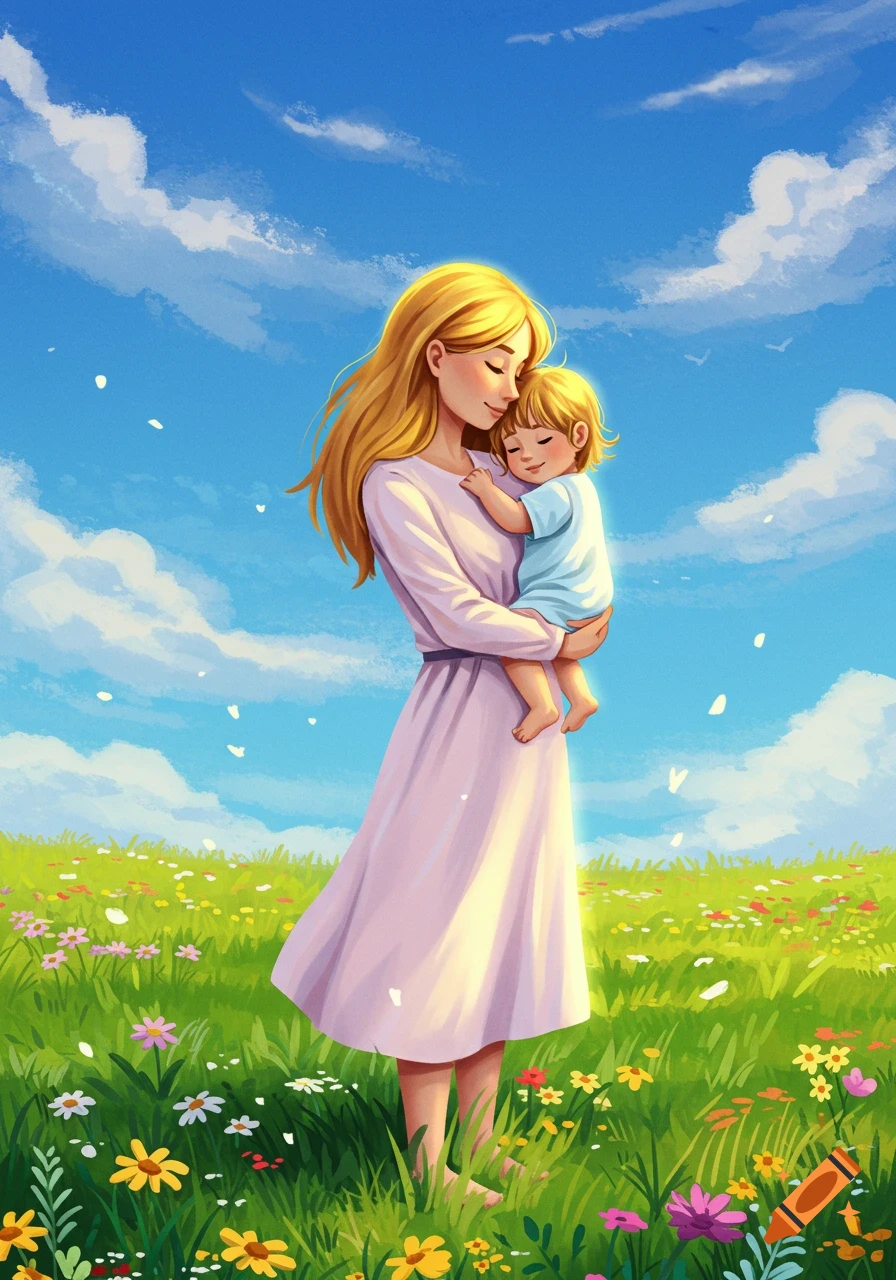 An illustration of a mother embracing her child in a vibrant flower-filled meadow under a blue sky.