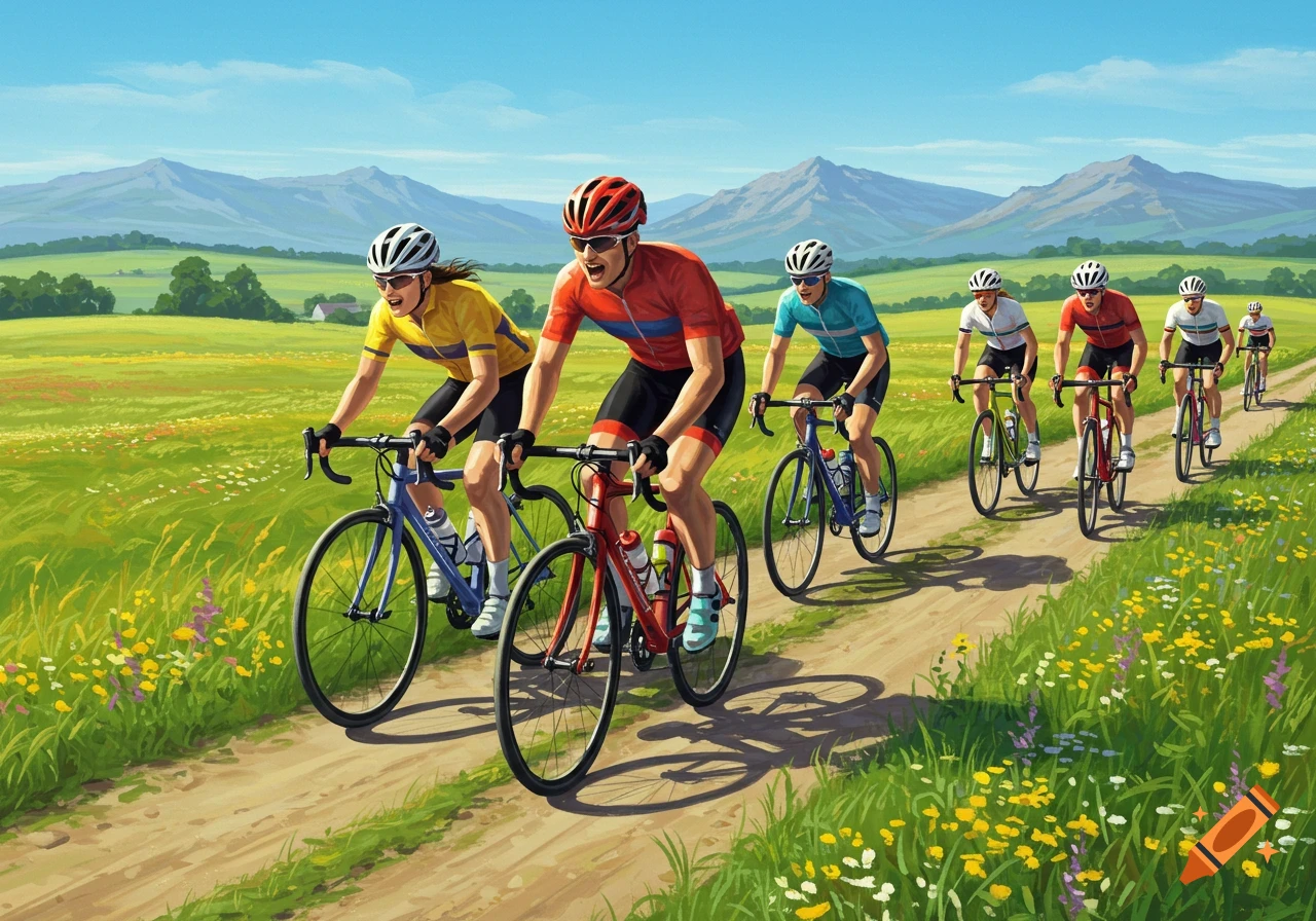 A group of cyclists rides bicycles on a dirt path through a vibrant green field with mountains in the background under a blue sky, in an illustrated style.