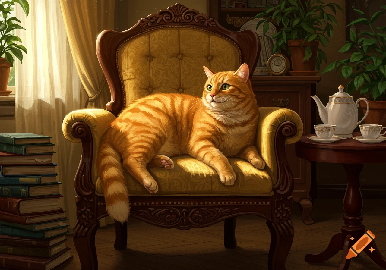 An orange tabby cat rests on a gold ornate armchair in a sunlit room, with books and a tea set nearby. Digital painting.