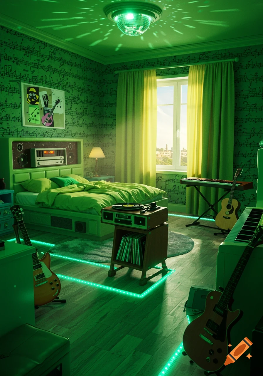 A vibrant green bedroom with a music theme, featuring a bed, guitars, keyboard, and a disco ball, illuminated by green lights.
