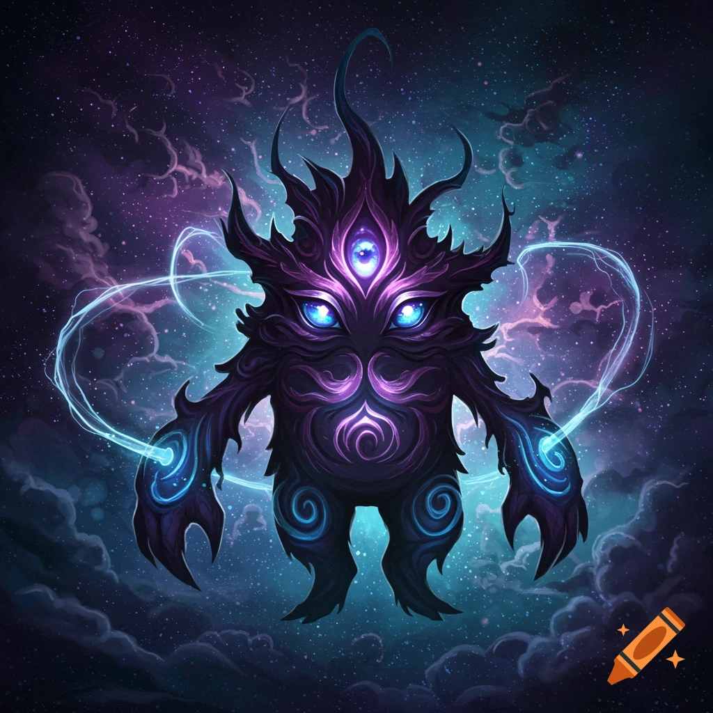 A dark purple, multi-eyed monster with glowing blue features and tendrils, floating in a vibrant cosmic space with stars and nebulae.