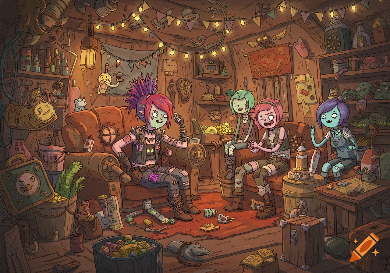 Four stylized, cartoonish raider girls with colorful hair are sitting and talking in their cluttered, cozy post-apocalyptic base decorated with string lights.