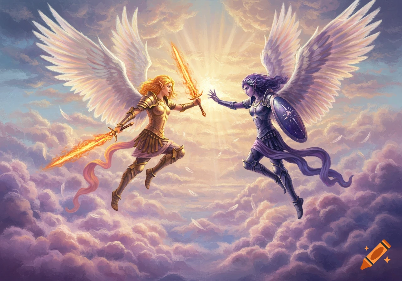 Two armored female angels with large white wings battling in the clouds with glowing swords and a shield, in an oil pastel style.